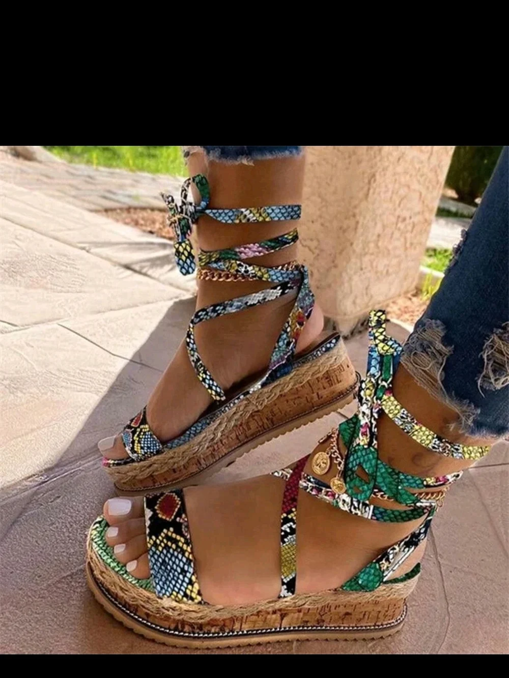 Women's Multicolor Snake-Print Lace-Up Wedge Sandals